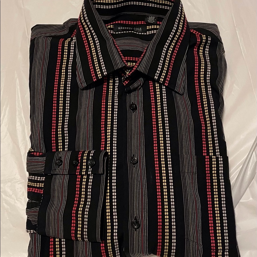 Kenneth Cole New York Black Striped Embroidered Mens Large Long Sleeve